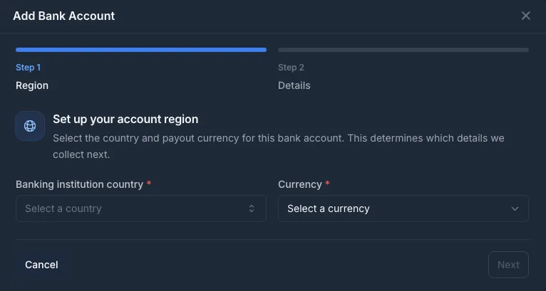Add Bank Account modal showing Step 1: Region with banking institution country and currency fields